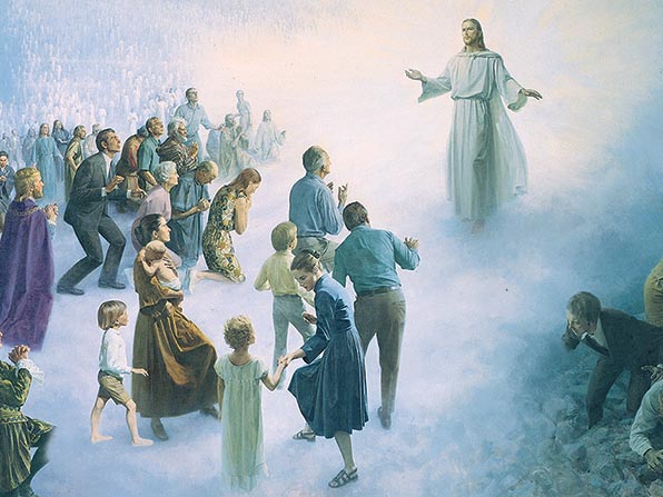 A painting by Harry Anderson depicting Jesus, surrounded by light, descending over a diverse crowd of believers, who rise and walk to meet him. In the right corner a few sinners turn away from His glory.